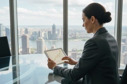 Femme confiante en costume d'affaires regarde un graphique d'investissement