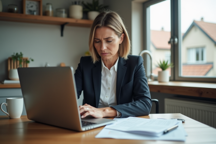 Femme d affaires examinant des documents d investissement