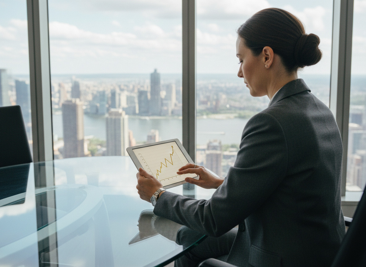 Femme confiante en costume d'affaires regarde un graphique d'investissement