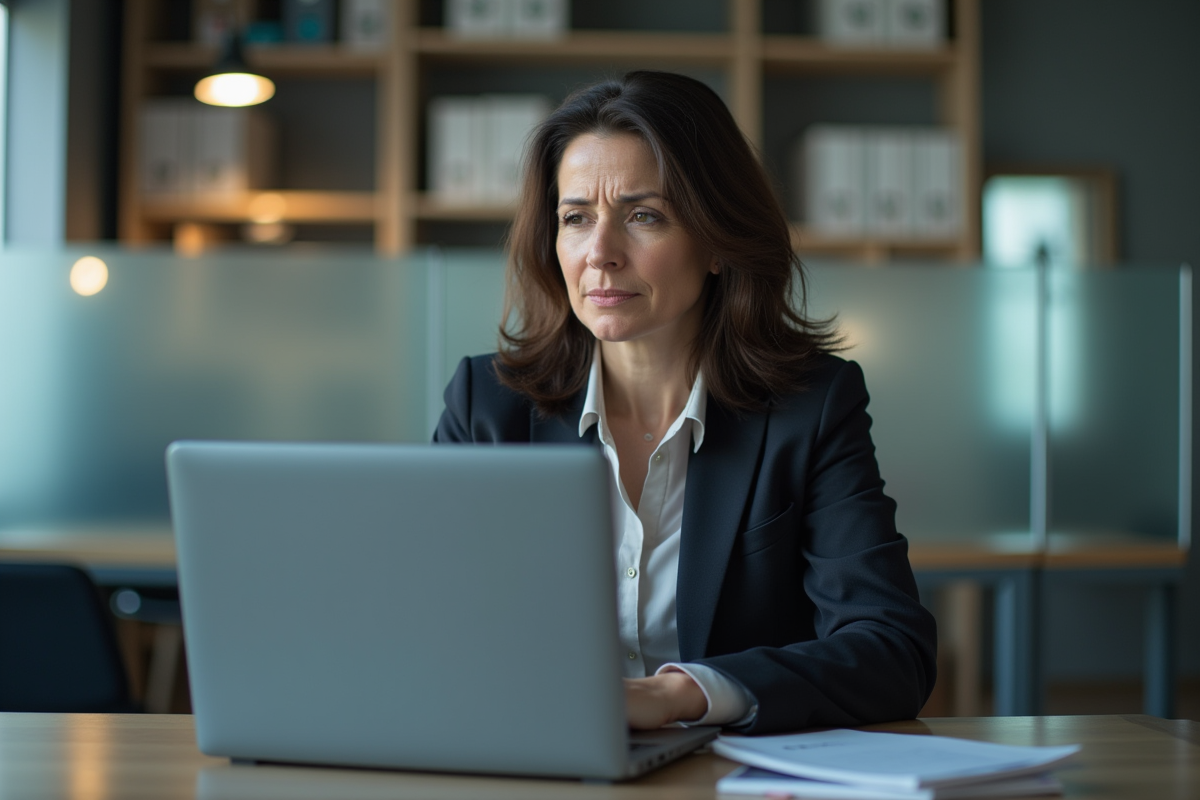 Femme d affaires en bureau regardant son ordinateur