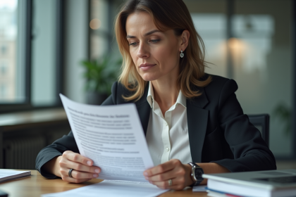 Femme d'affaires lisant un document dans un bureau moderne