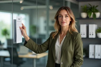 Femme d'affaires professionnelle affichant un mémo dans un bureau moderne