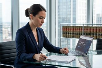 Femme d'affaires en costume navy dans un bureau moderne