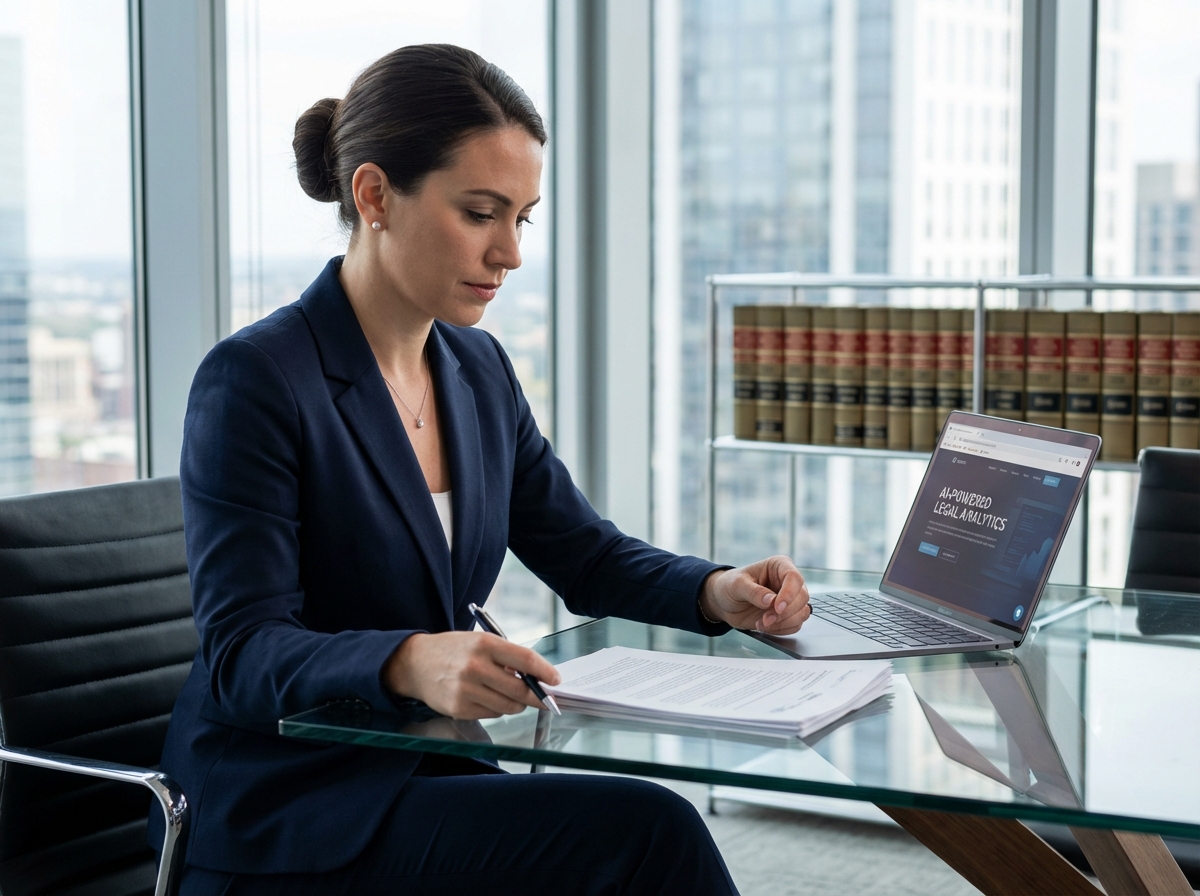 Femme d'affaires en costume navy dans un bureau moderne