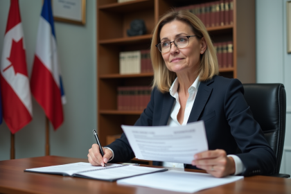 Femme d'affaires québecoise examine documents officiels