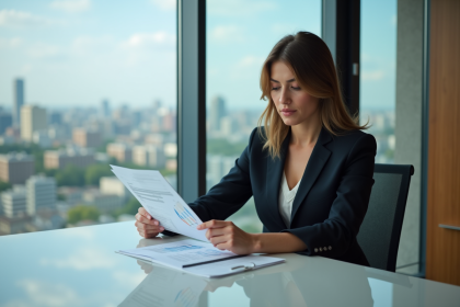 Femme d'affaires en réunion stratégie dans un bureau moderne
