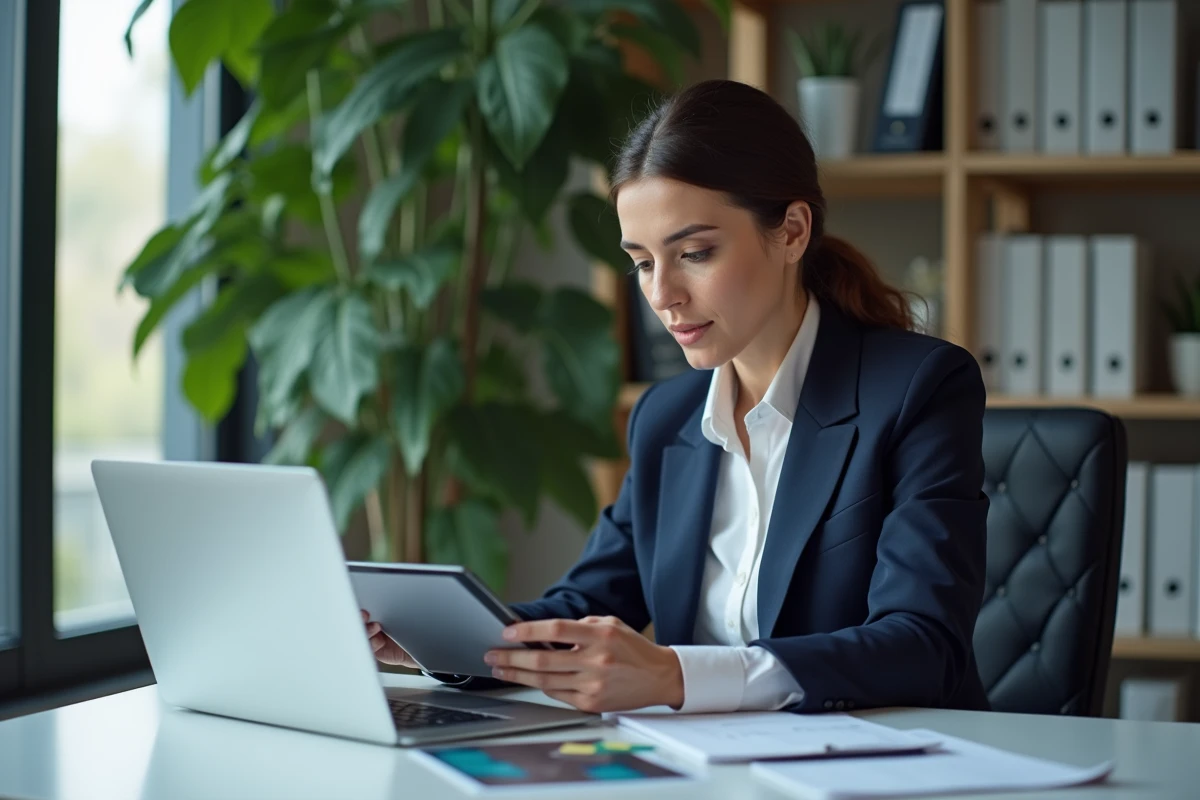Femme d'affaires concentrée avec tablette et ordinateur