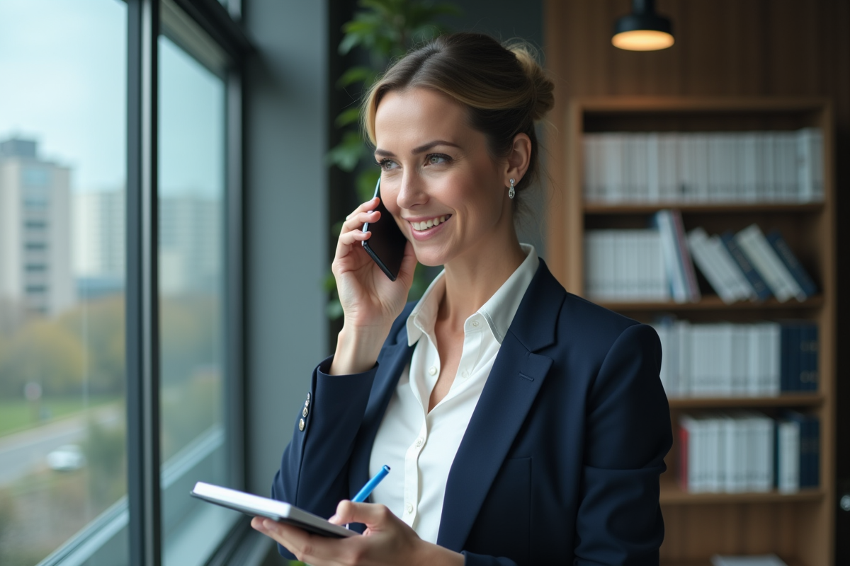 Femme d affaires parlant au téléphone dans un bureau moderne
