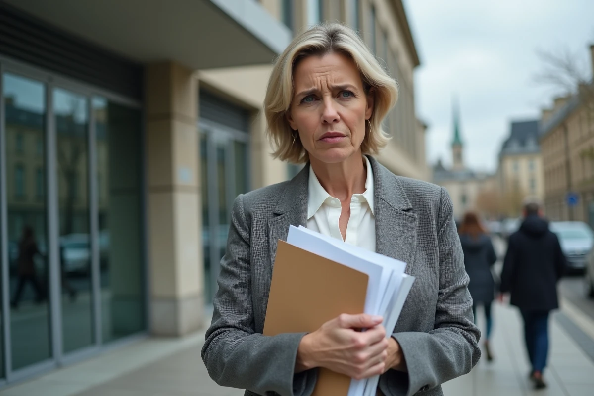 Femme devant une agence France Travail tenant un dossier, illustrant les démarches en cas de radiation chômage