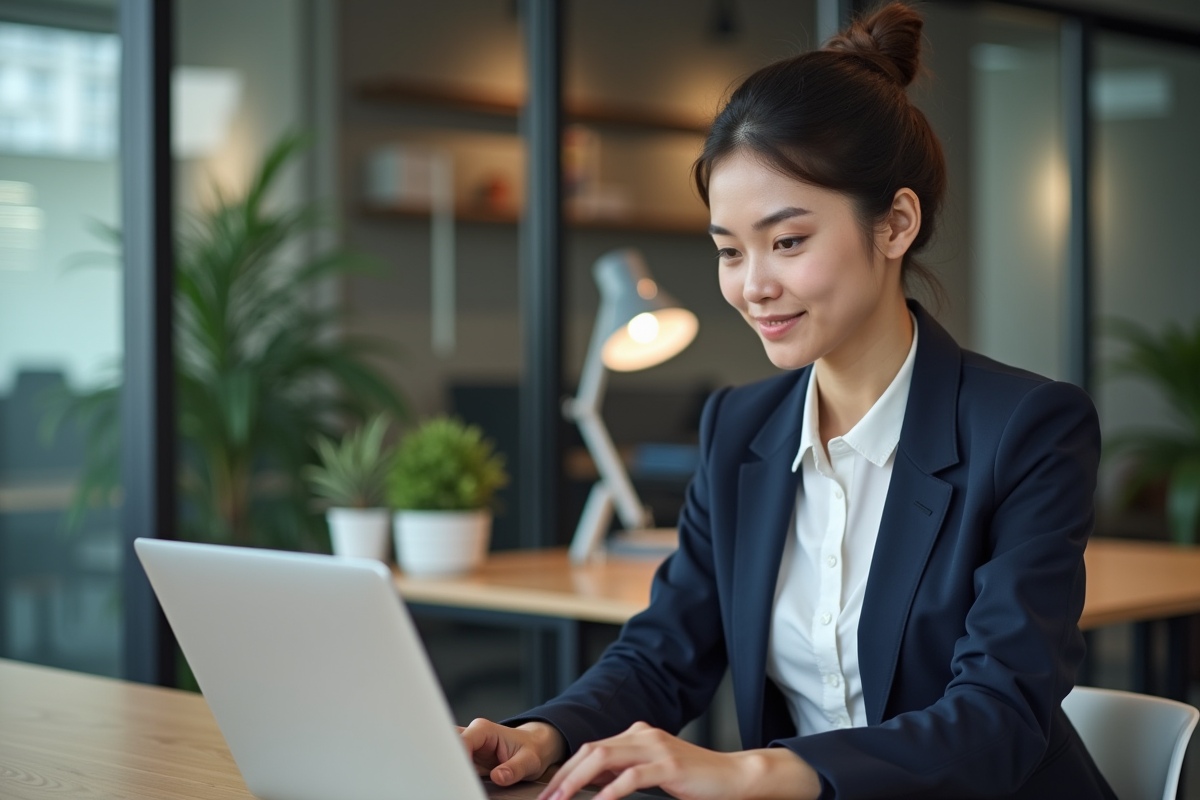 Jeune femme analysant des données SEO sur son ordinateur dans un bureau moderne