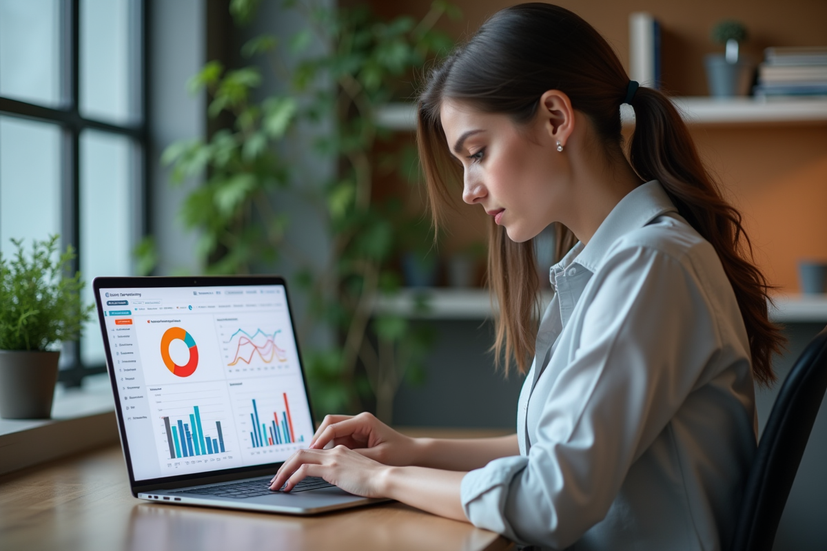 Jeune femme analysant des graphiques de réseaux sociaux