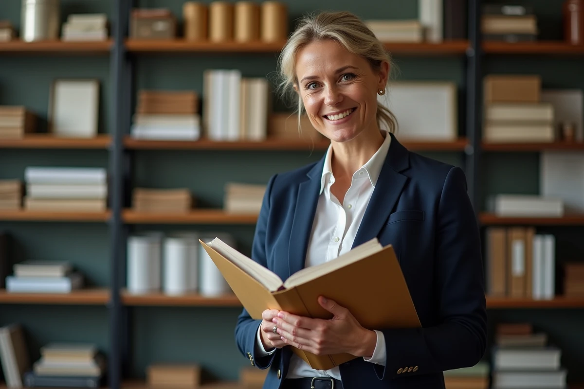 Femme en blazer tenant un dossier dans un bureau moderne