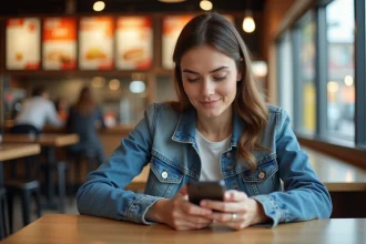 Femme en denim regardant un site de feedback client