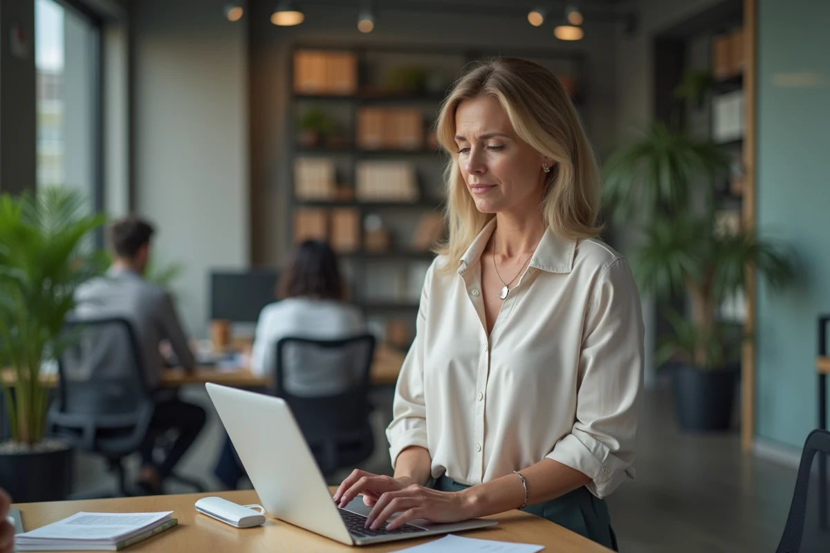 Femme d'une quarantaine travaillant à son bureau pour un adieu