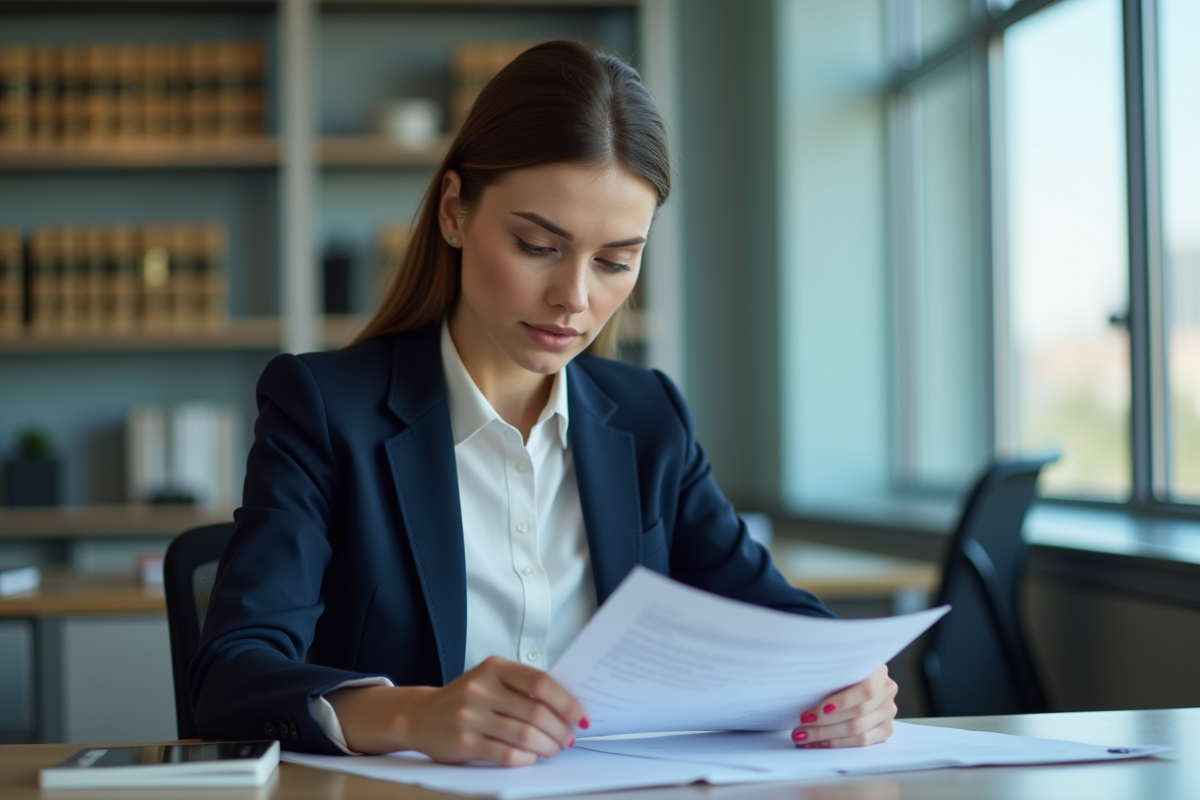 Femme en blazer navy examine des documents juridiques au bureau