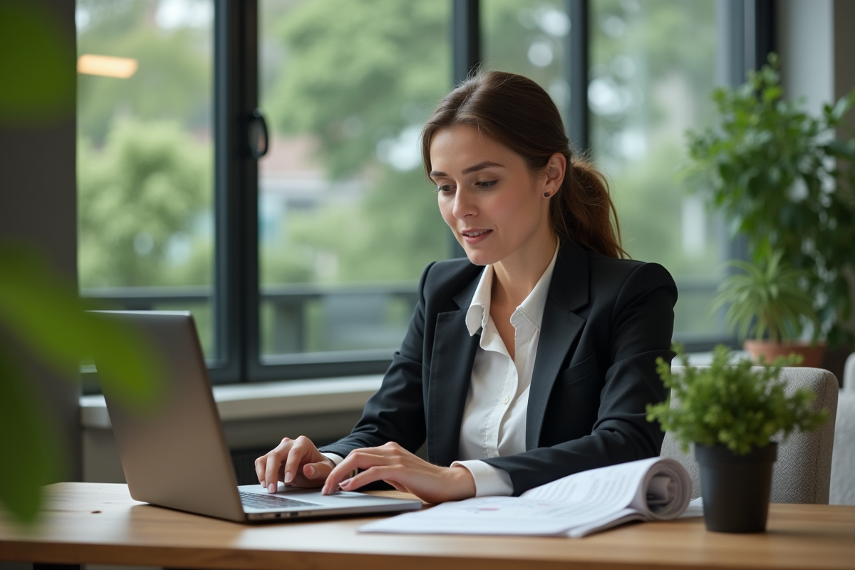 Femme d affaires regardant des documents dans un bureau moderne