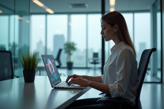 Femme professionnelle travaillant avec des données IA dans un bureau moderne