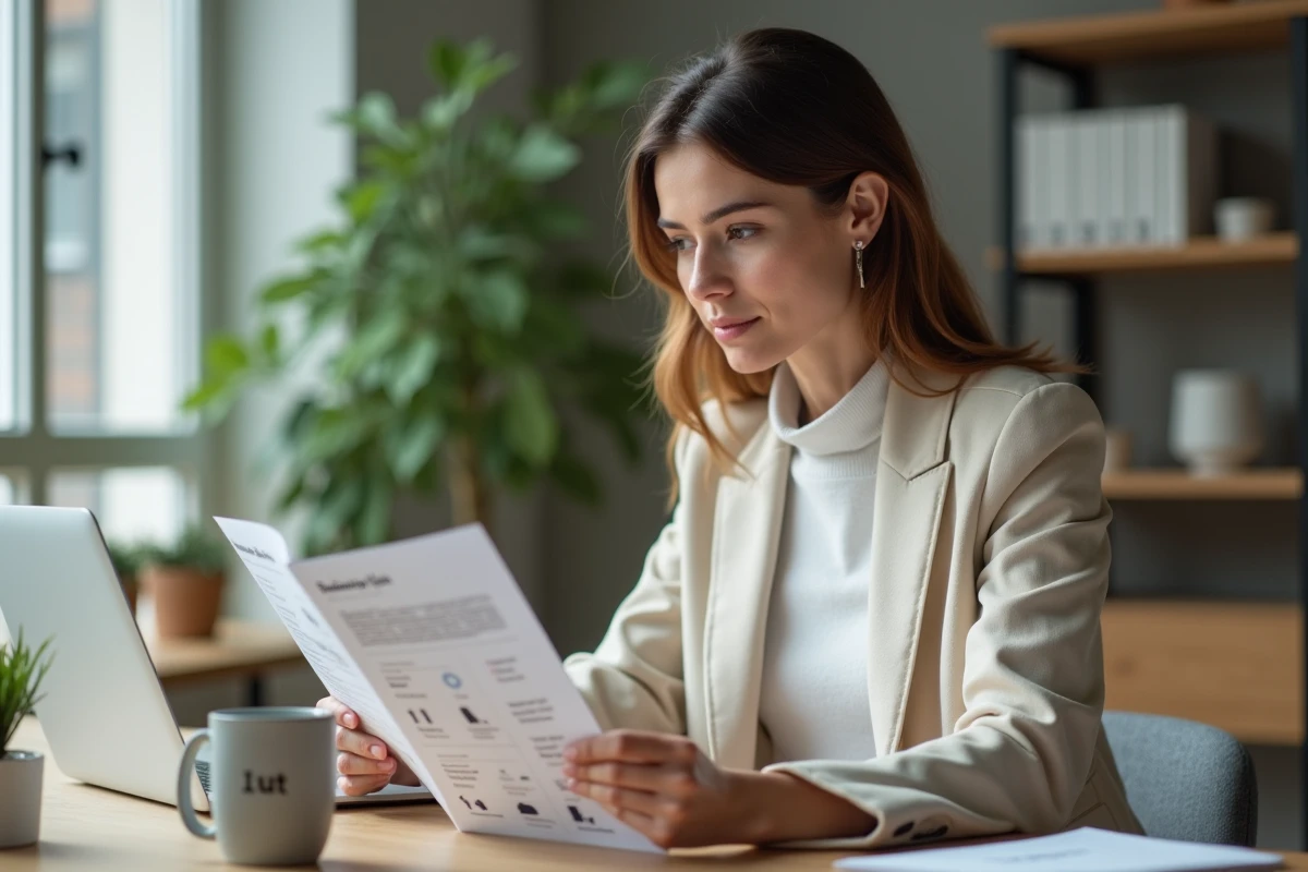 Femme en bureau lisant un guide d'affaires avec concentration