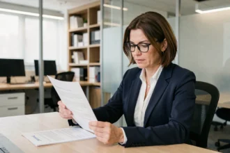 Femme professionnelle en blazer marine relisant une note de service imprimée dans un bureau moderne