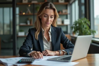 Femme d'affaires en blazer examine des chiffres au bureau