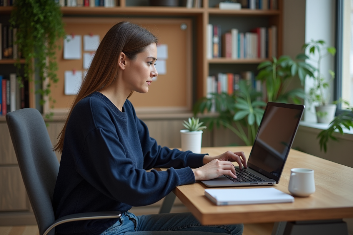 Femme au bureau moderne travaillant sur son ordinateur portable
