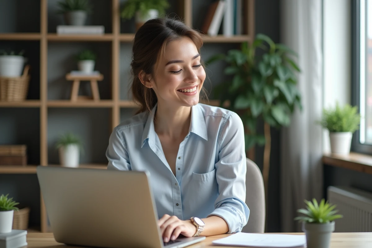 Femme en bureau moderne utilisant un ordinateur portable
