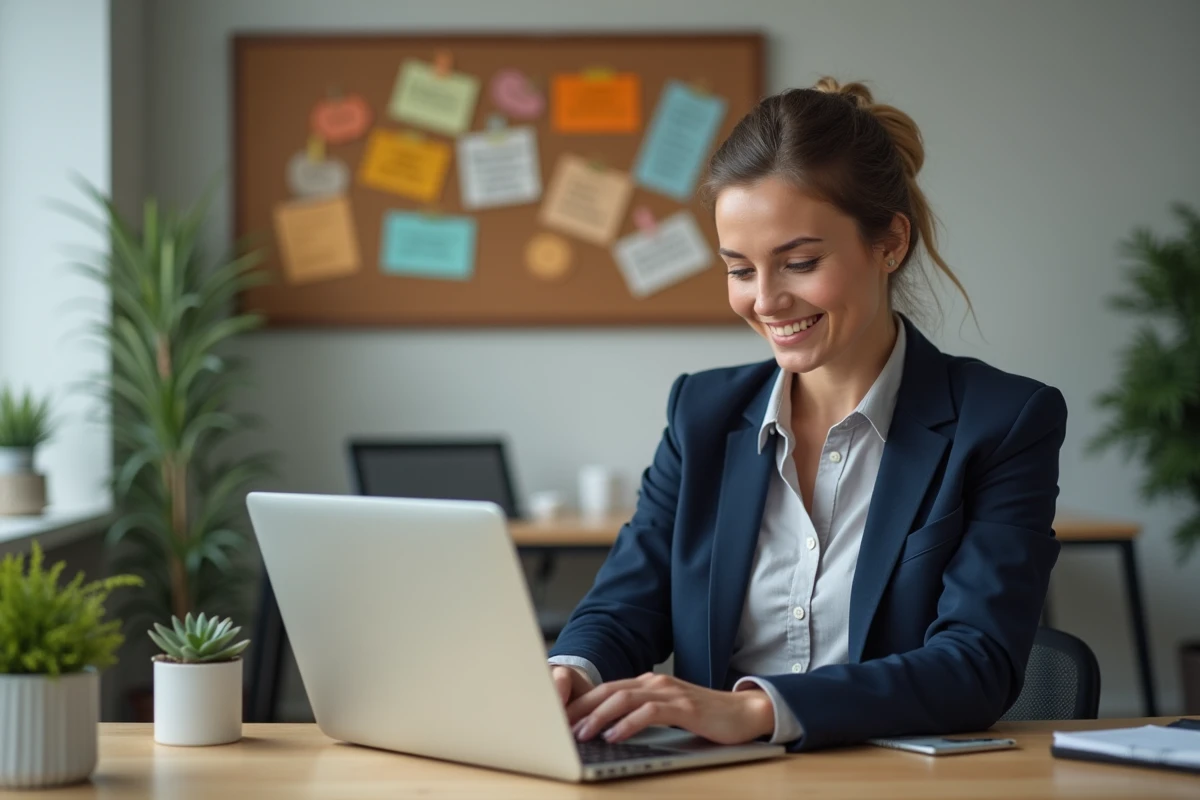 Femme professionnelle assise à son bureau en train de taper sur un ordinateur