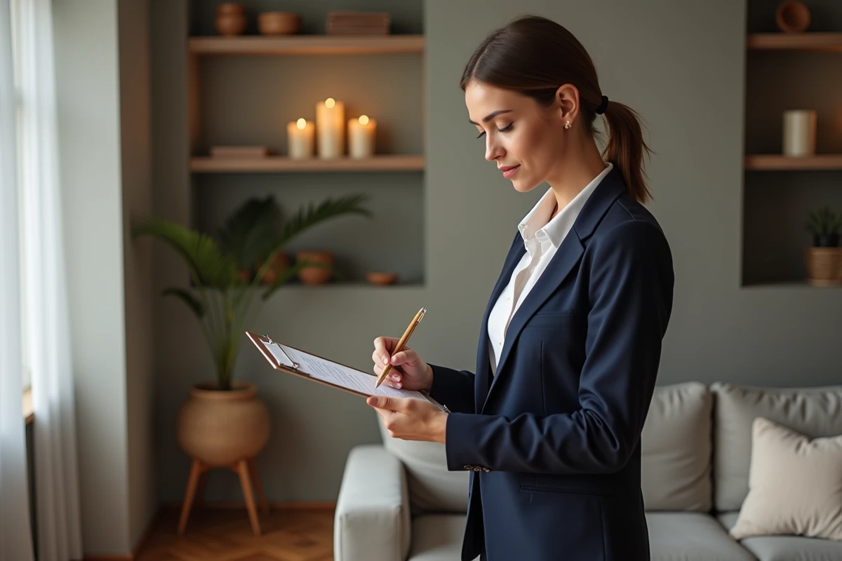 Femme en réunion dans un salon cosy et élégant