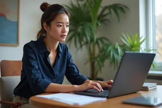 Femme d'affaires en train de se connecter sur un ordinateur moderne