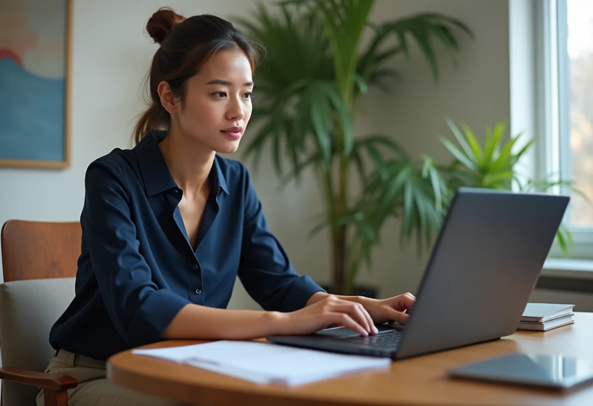 Femme d'affaires en train de se connecter sur un ordinateur moderne