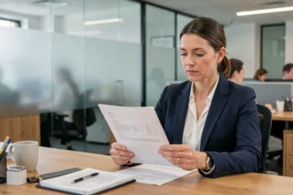 Femme cadre lisant une note de service sur changement d'horaires dans un bureau moderne