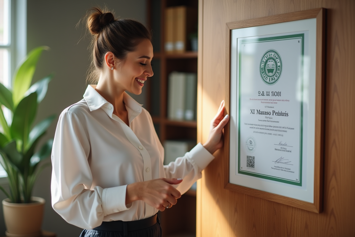 Femme vérifiant un certificat ISO 26000 dans son bureau