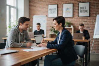 Femme en réunion avec un entrepreneur dans un espace de coworking