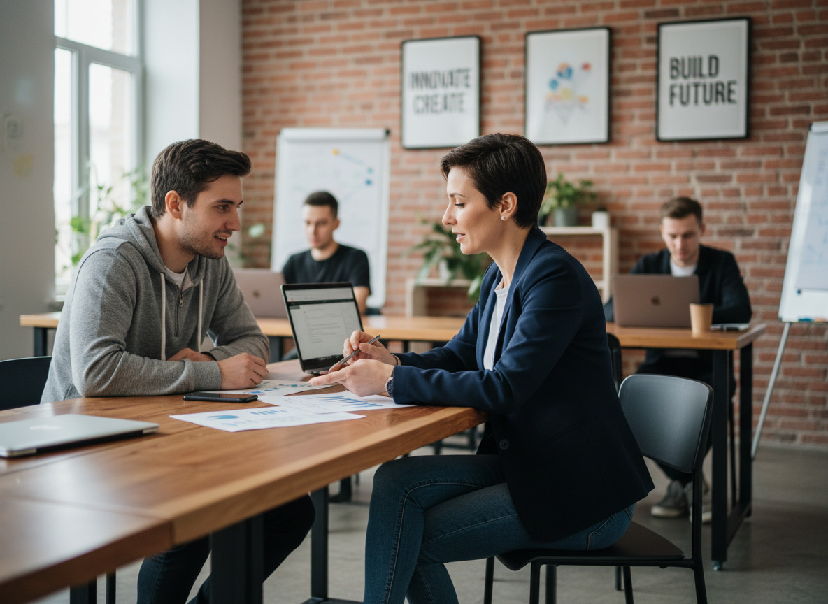 Femme en réunion avec un entrepreneur dans un espace de coworking