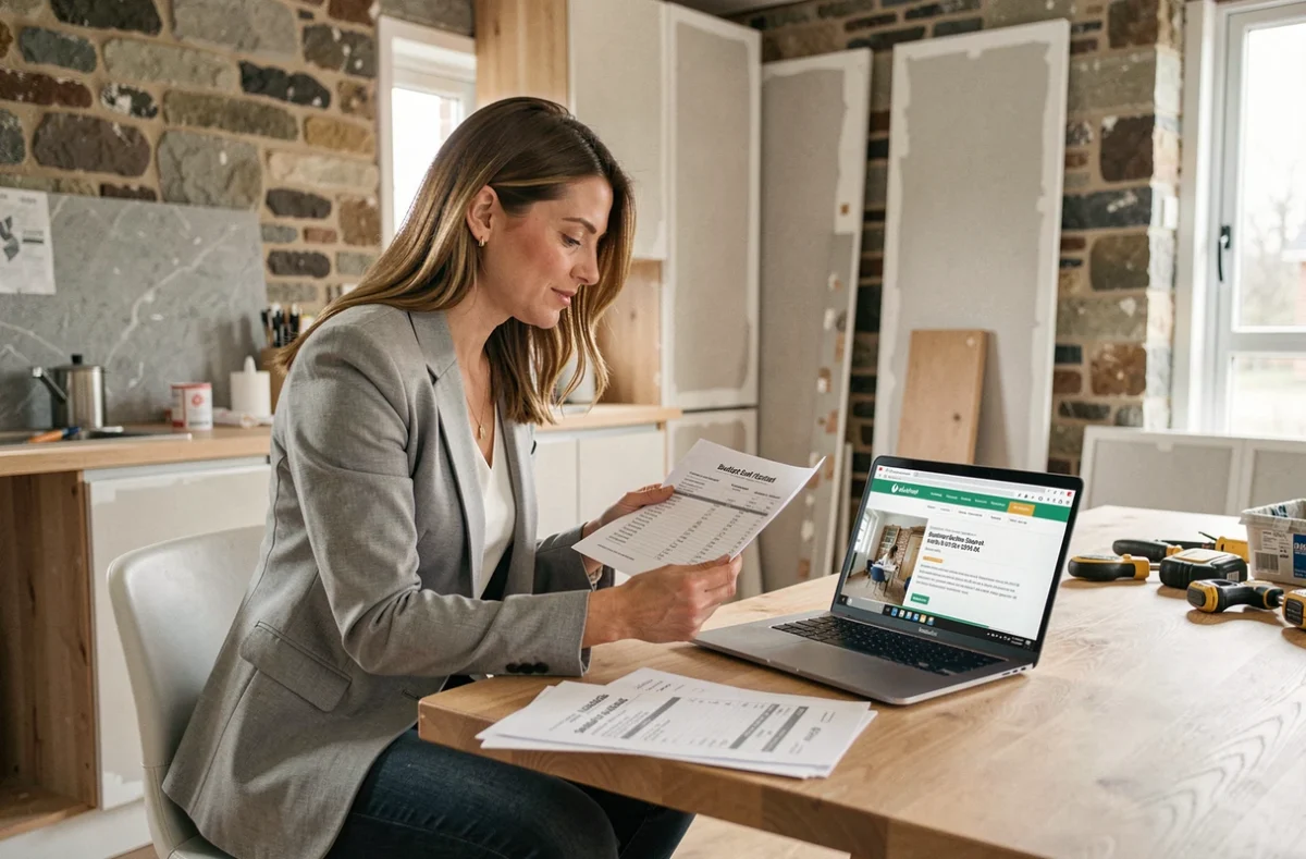 Femme comparant des devis de travaux de rénovation dans un appartement en cours de réhabilitation
