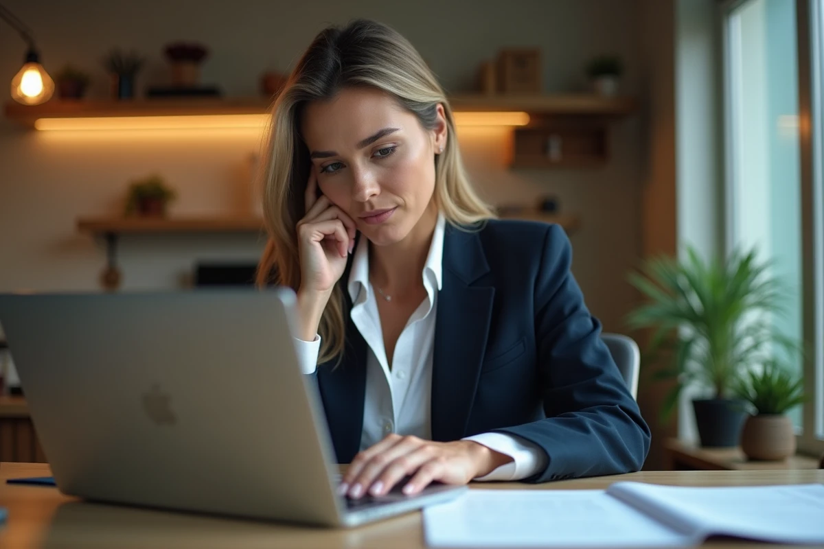 Femme consultant ses fiches de paie en ligne sur Ma Box RH La Poste depuis son ordinateur portable au bureau à domicile