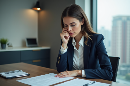 Femme en blazer lisant un contrat dans un bureau moderne