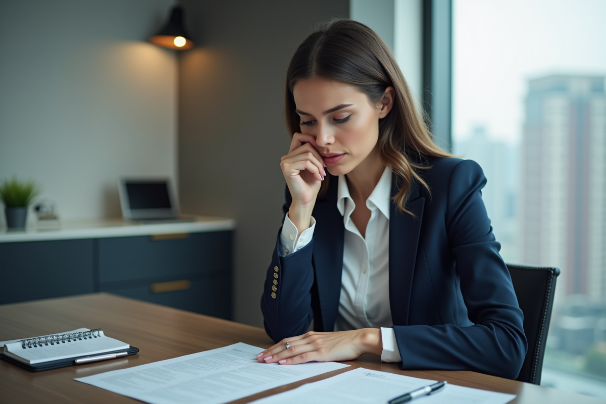 Femme en blazer lisant un contrat dans un bureau moderne