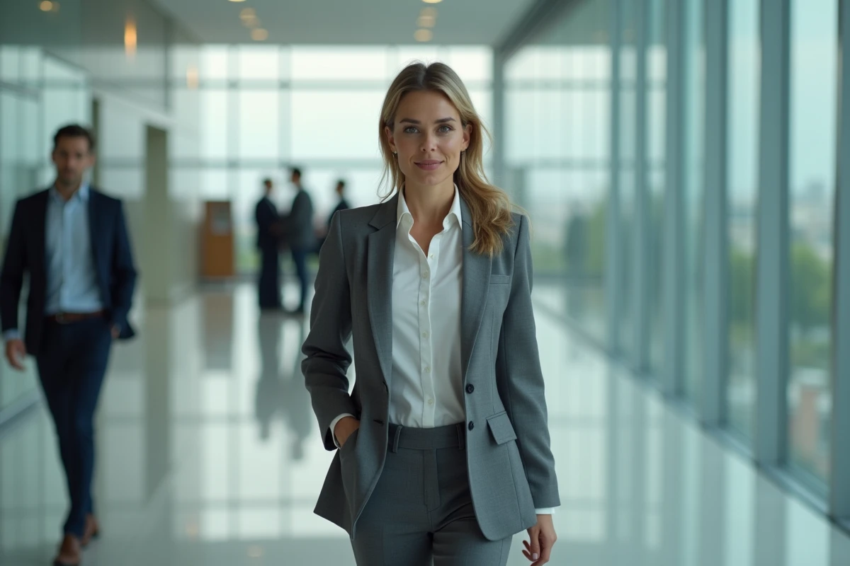 Femme professionnelle marchant dans un couloir moderne