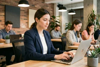 Femme travaillant dans un espace de coworking ouvert avec des bureaux partagés en bois et une ambiance urbaine moderne