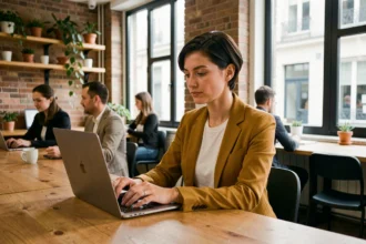 Femme travaillant sur un ordinateur portable dans un espace de coworking moderne à Cambrai avec briques apparentes et grandes fenêtres industrielles