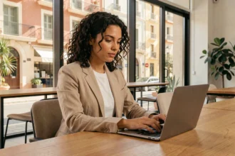 Femme travaillant dans un espace de coworking moderne à Nice avec vue sur la ville