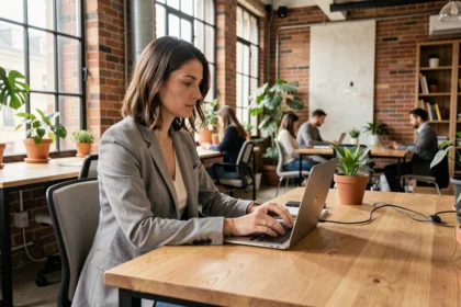 Femme travaillant sur un ordinateur portable dans un espace de coworking à Tours avec murs en briques apparentes