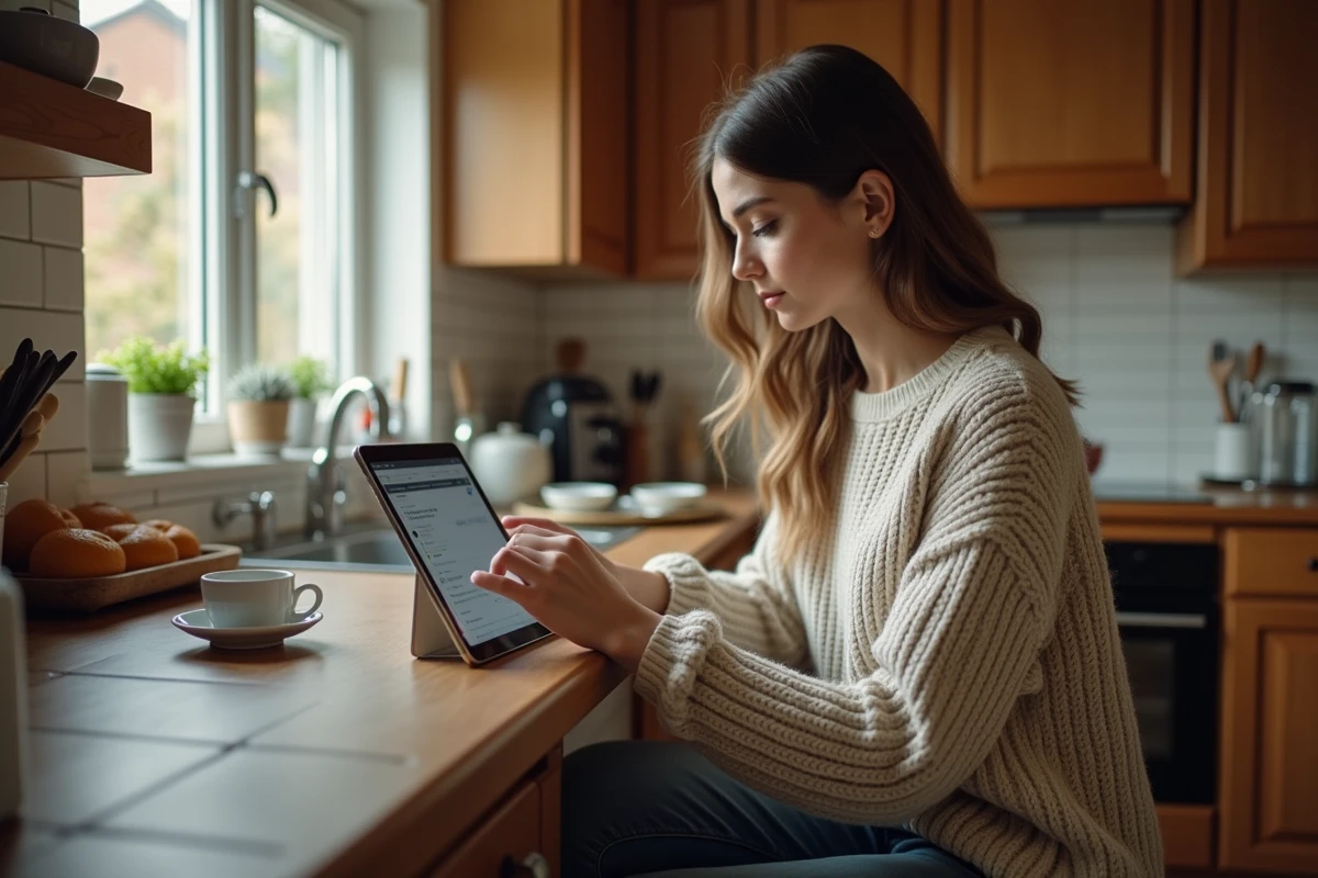 Jeune femme examinant un site sur une tablette à la maison
