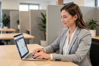 Femme cadre utilisant un portail RH en ligne sur son ordinateur portable dans un bureau moderne