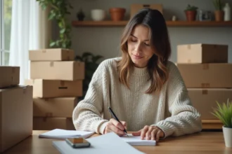 Femme écrivant une lettre à la main dans sa cuisine avec des colis autour