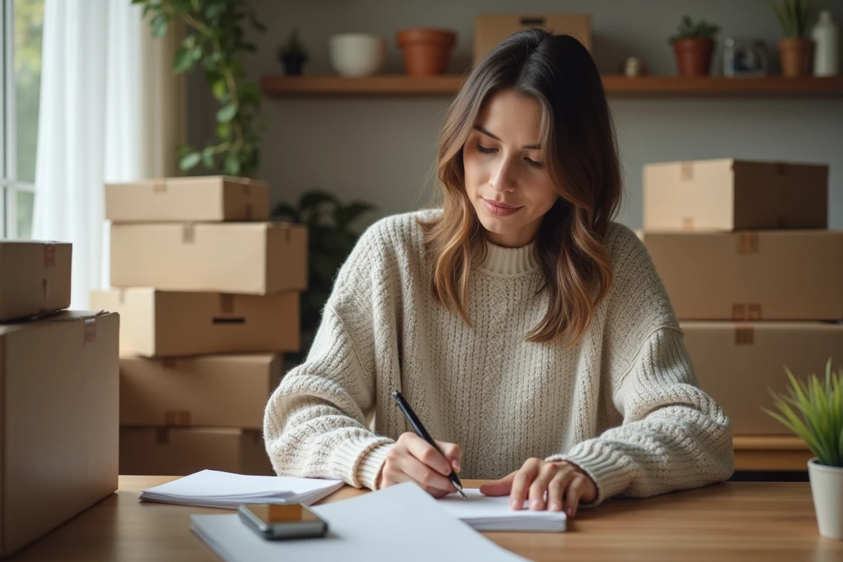 Femme écrivant une lettre à la main dans sa cuisine avec des colis autour