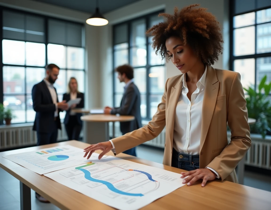 Femme entrepreneuse présentant un plan de financement et des aides disponibles pour les entrepreneurs