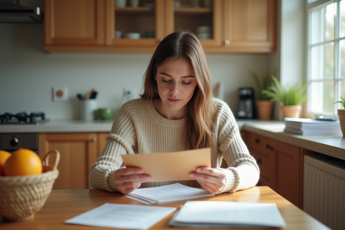 Jeune femme ouvrant une enveloppe dans la cuisine