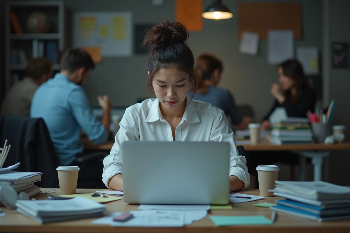 Femme épuisée au bureau illustrant le burn-out professionnel et la surcharge de travail
